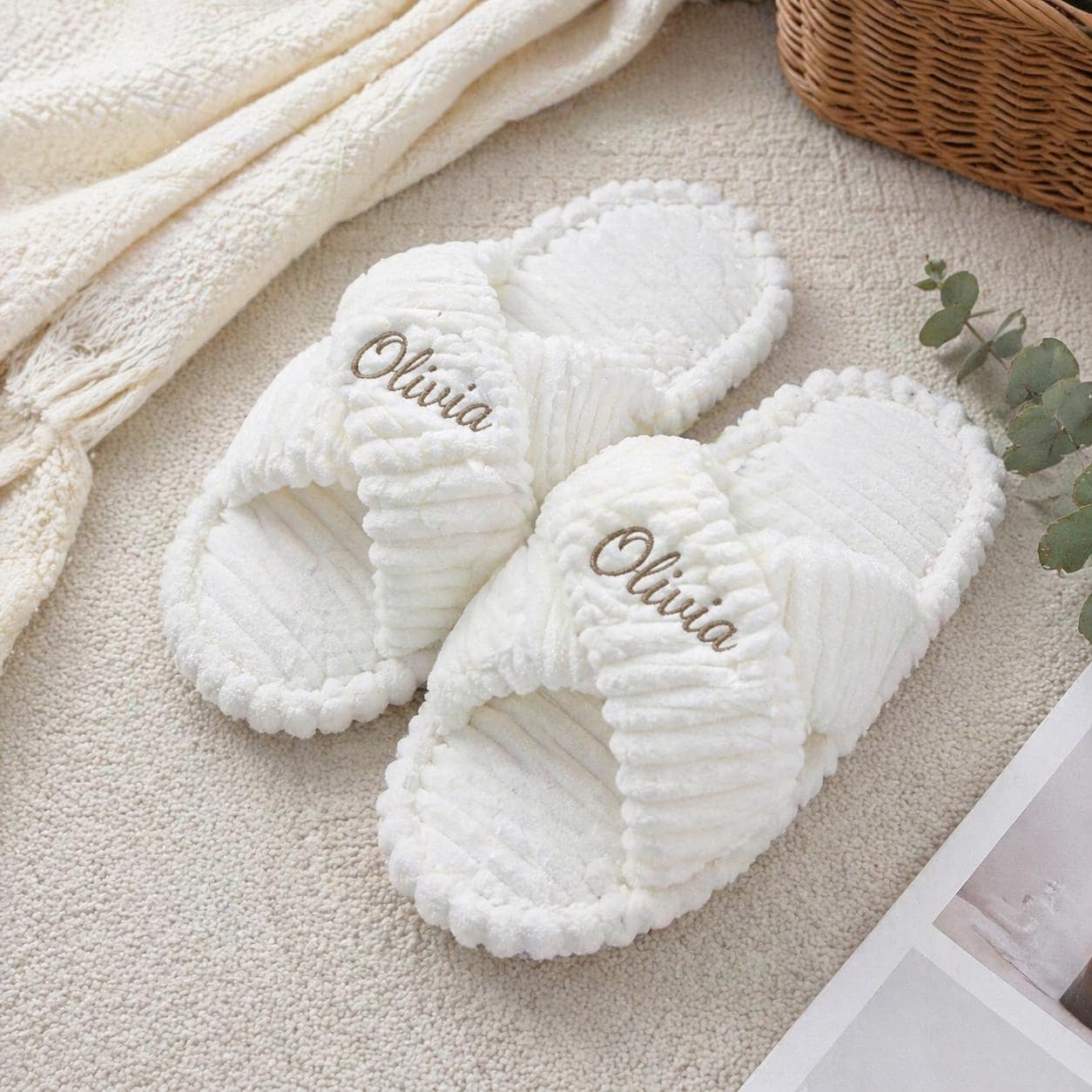 Personalized Plush Spa Slippers, Custom Name House Slippers, Bridesmaid Wedding Gift