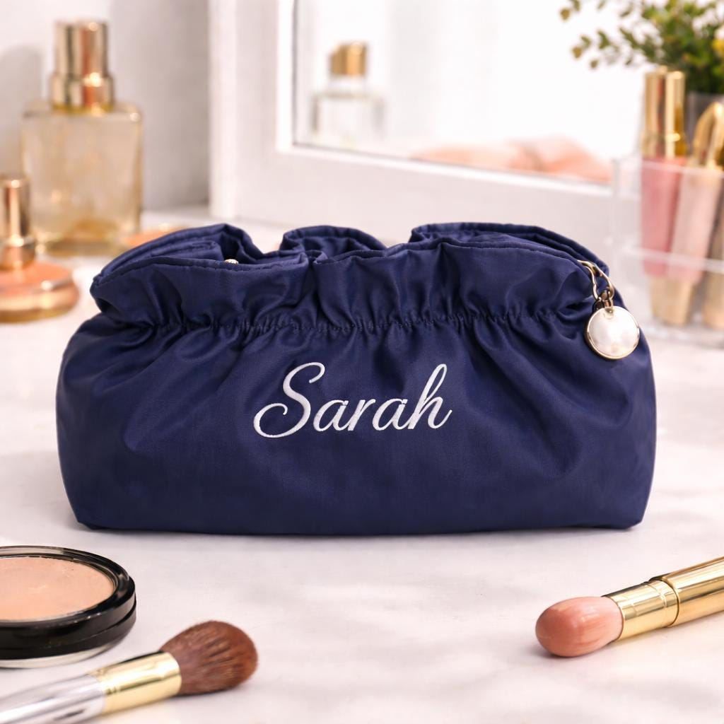 Personalized Satin Cosmetic Bag, Custom Name Makeup Pouch, Bridesmaid Travel Toiletry Bag