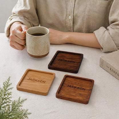 Personalized Wooden Coaster, Custom Name Engraved Square Drink Coaster – Minimalist Home Decor