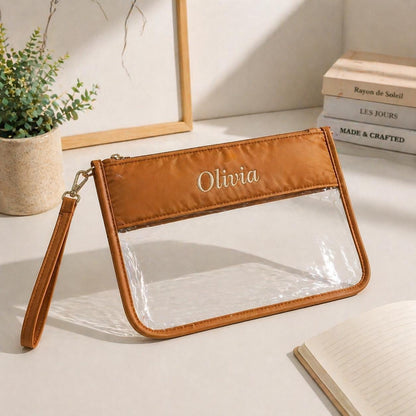 Personalized Clear Cosmetic Bag | Travel Makeup Pouch | Transparent Toiletry Bag | Embroidered Name | Gifts for Her | Beauty Organizer