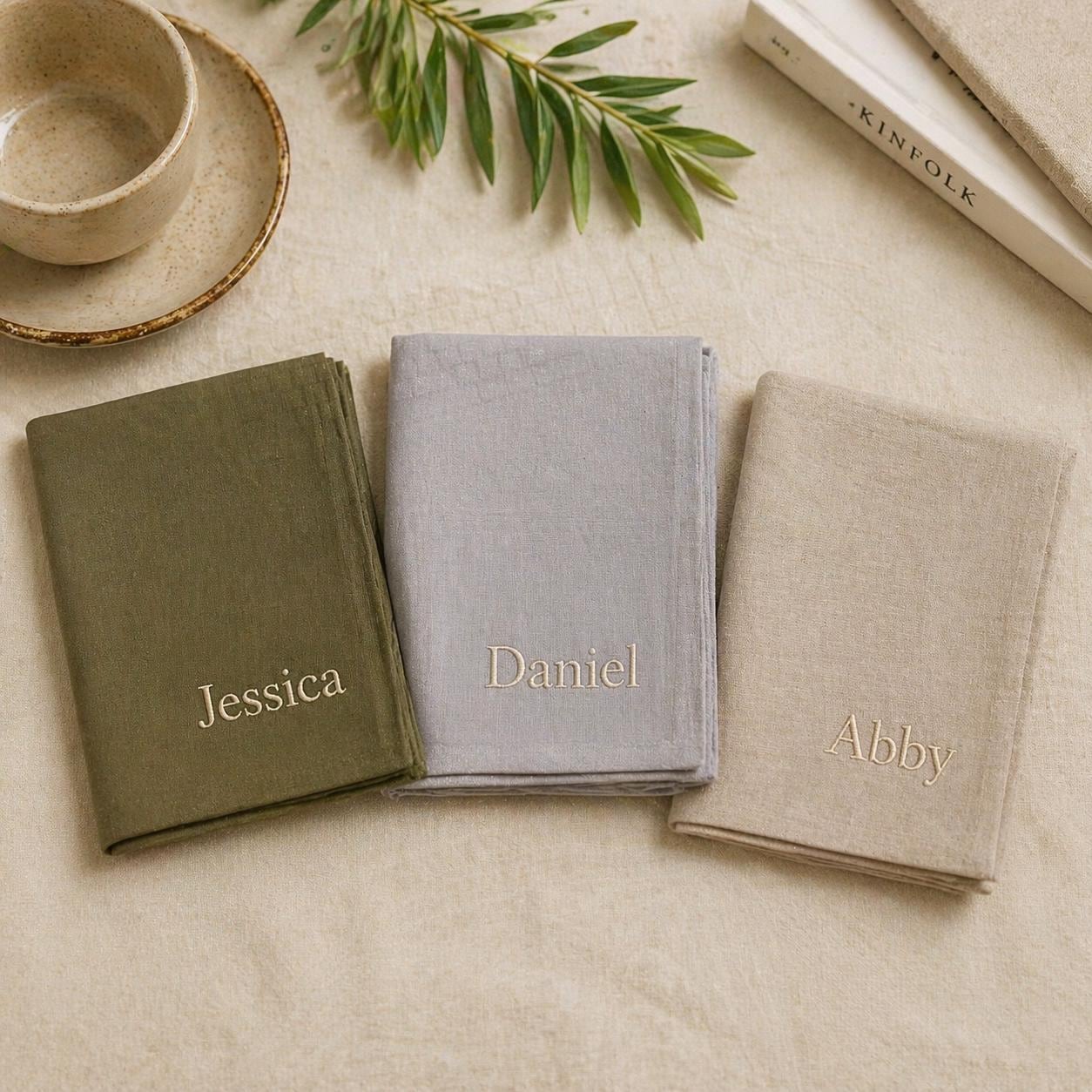 Personalized Linen Handkerchief, Custom Embroidered Cotton Pocket Square, Wedding Gift
