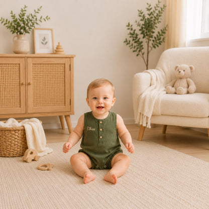 Personalized Baby Romper, Custom Name Embroidery Linen Cotton Romper, Baby Shower Gift, Summer Baby Outfit, Neutral Baby Clothes
