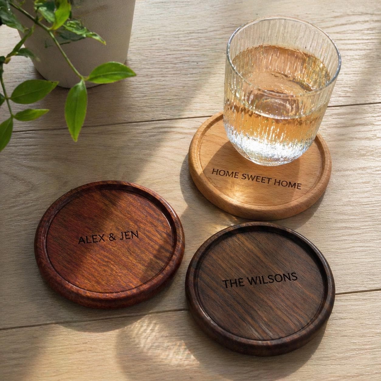 Personalized Wooden Coasters, Custom Engraved Name, Minimalist Rustic Home Decor