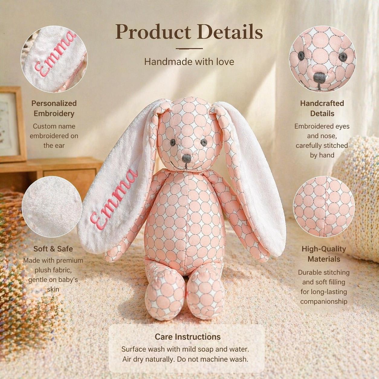 Personalized Bunny Plush Toy, Custom Embroidered Rabbit Stuffed Animal, Baby Shower Gift, Newborn Keepsake, Birthday Gift for Kids