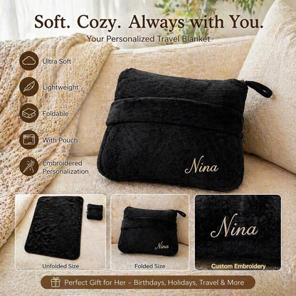 Personalized Plush Travel Blanket with Pouch, Embroidered Name Cozy Throw