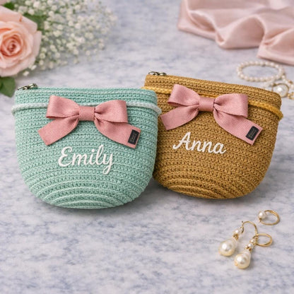 Personalized Straw Makeup Bag, Custom Embroidered Name Cosmetic Pouch, Bridesmaid Gift, Crochet Clutch Purse, Gift for Her