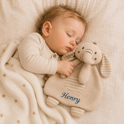 Personalized Baby Lovey Blanket, Organic Cotton Security Blanket with Crinkle Sound, Bunny Bear Elephant Comforter, Newborn Baby Shower Gift
