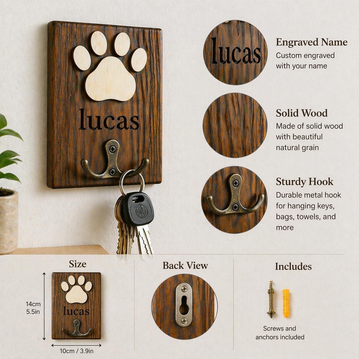 Personalized Paw Print Wooden Wall Hook – Custom Name Key Holder, Rustic Entryway Decor