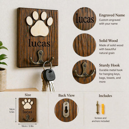 Personalized Paw Print Wooden Wall Hook – Custom Name Key Holder, Rustic Entryway Decor