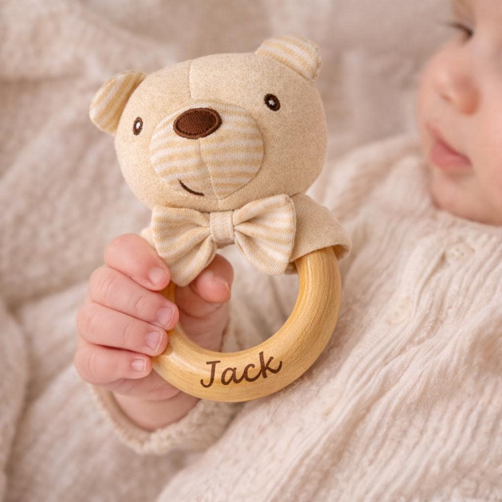 Personalized Baby Teether Toy, Wooden Baby Rattle, Custom Name Teething Ring, Newborn Gift，Rattle as a gift for a newborn
