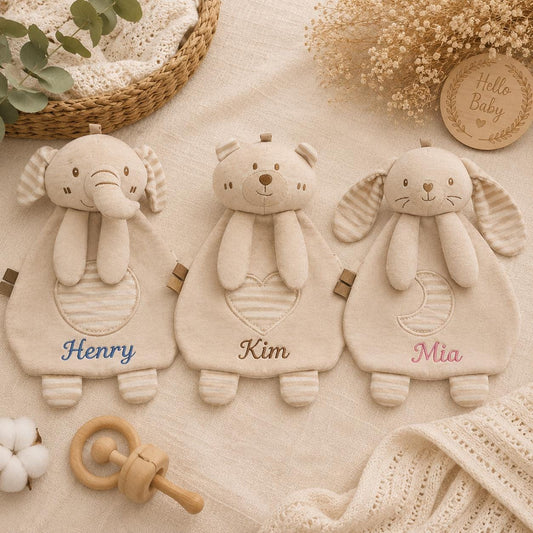 Personalisierte Baby Schmusetuch, Bio-Baumwoll-Sicherheitsdecke mit Knistergeräusch, Hase Bär Elefant Schnuffeltuch, Neugeborenen-Geschenk zur Babyparty