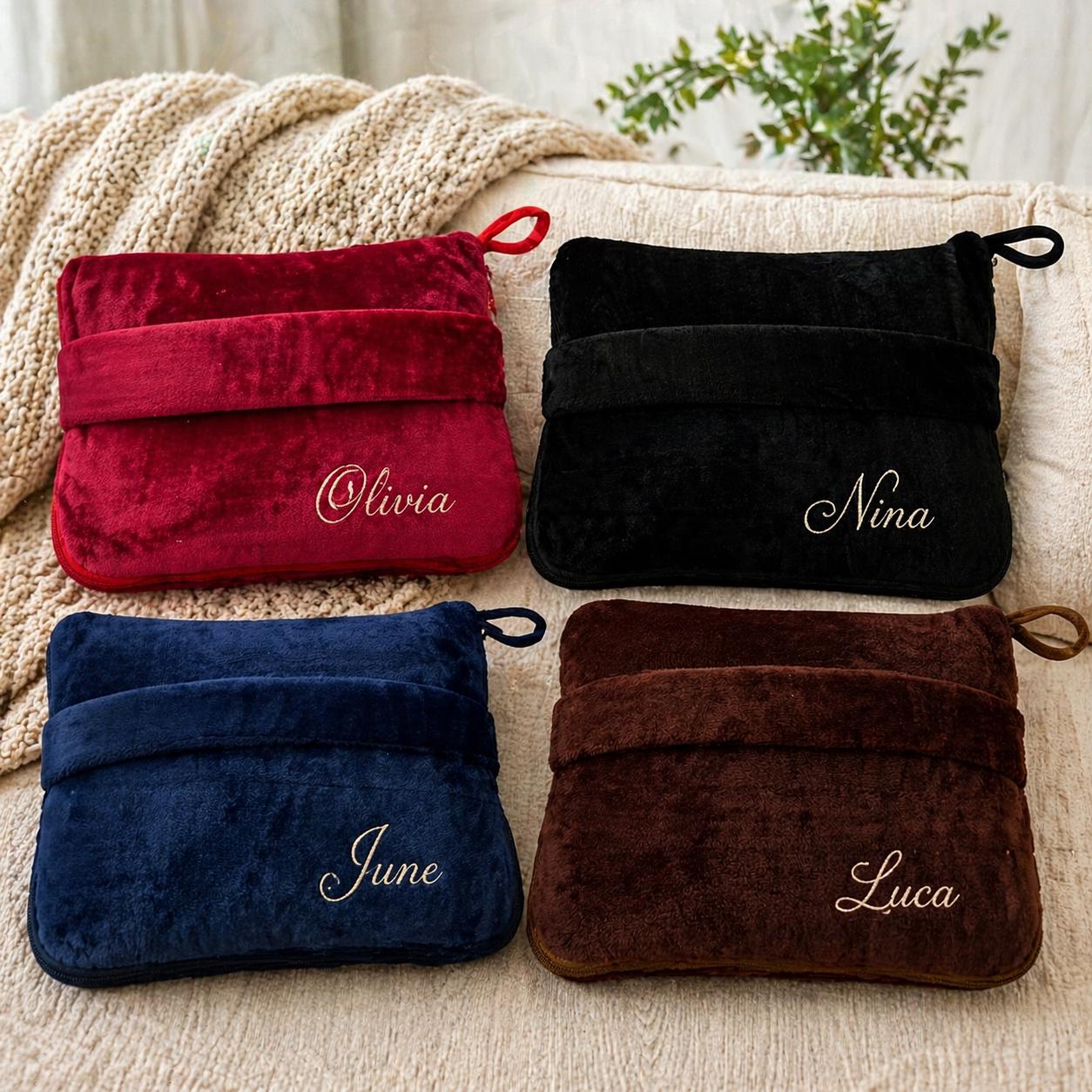 Personalized Plush Travel Blanket with Pouch, Embroidered Name Cozy Throw