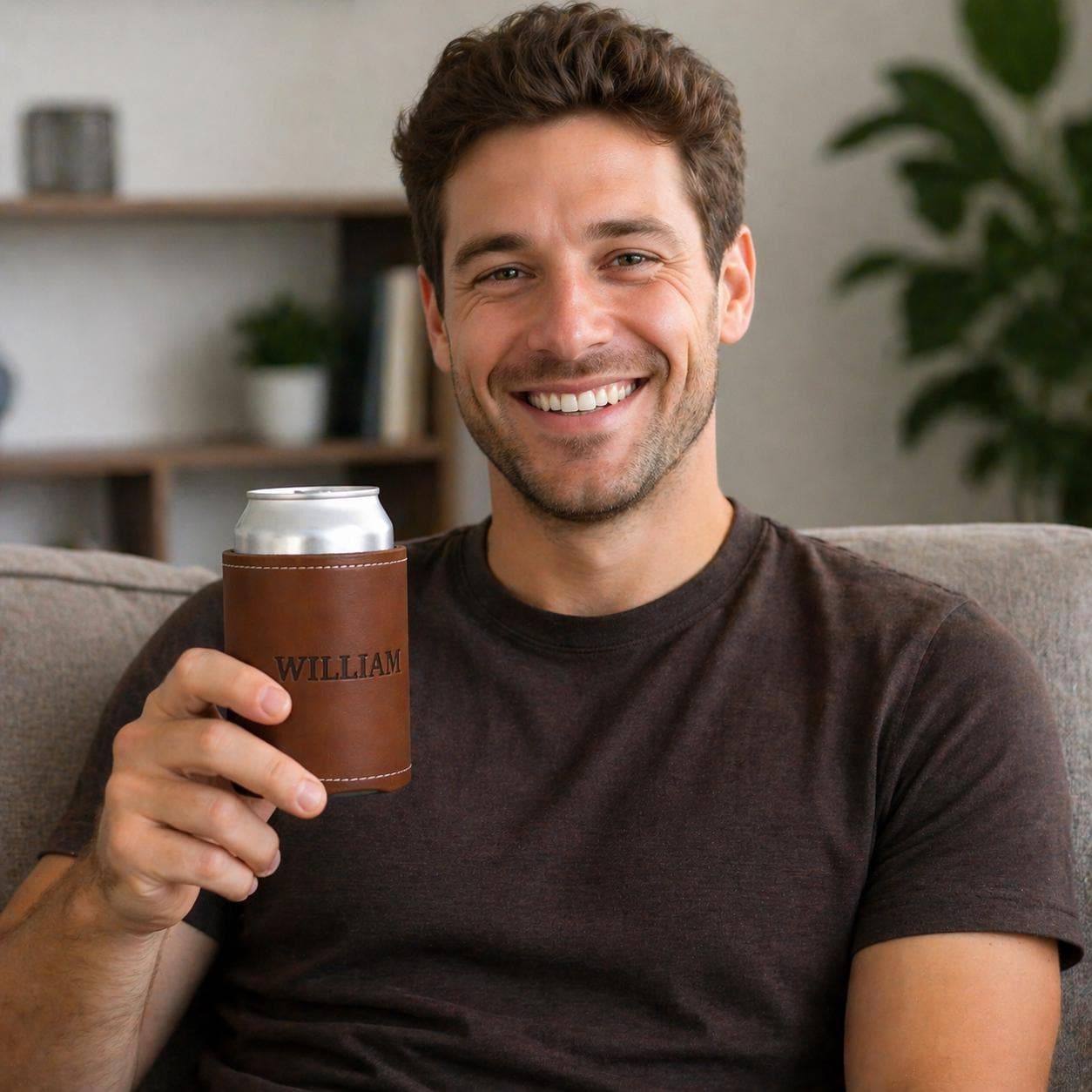 Personalized Leather Can Cooler, Custom Engraved Beer Koozie, Groomsmen Wedding Favor Gift