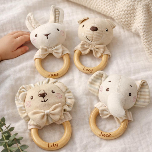 Personalisiertes Baby-Beißspielzeug, Babyrassel aus Holz, Beißring mit individuellem Namen, Neugeborenen-Geschenk, Rassel als Geschenk für ein Neugeborenes