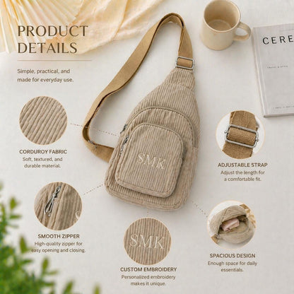 Bestickte Cord-Umhängetasche, personalisierte Mini-Sling-Bag