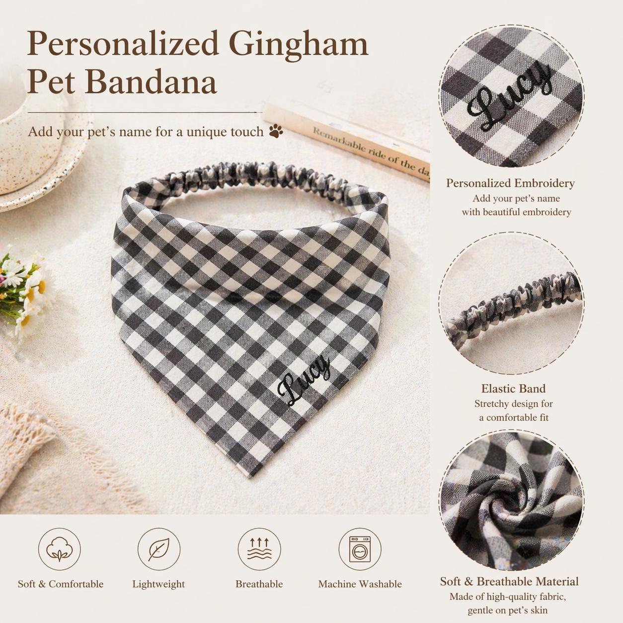 Personalisiertes Haarband aus Vichykaro, Haaraccessoire mit individuellem Namen bestickt, Bandana im Cottagecore-Stil