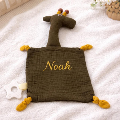 Personalized Baby Lovey with Teether, Custom Embroidered Security Blanket, Muslin Comfort Blanket, Newborn Gift, Baby Shower Gift