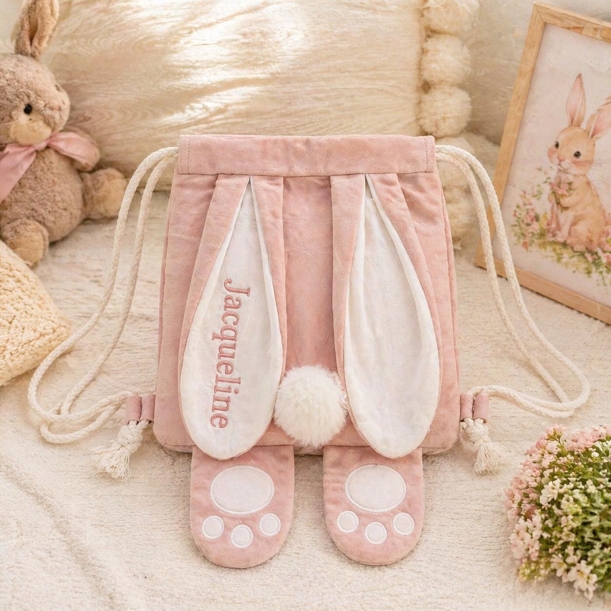 Personalized Bunny Backpack | Custom Name Rabbit Ears Drawstring Bag