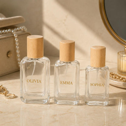 Personalized Perfume Bottle, Refillable Travel Perfume Atomizer, Custom Engraved Glass Fragrance Bottle, Wooden Cap Perfume Gift