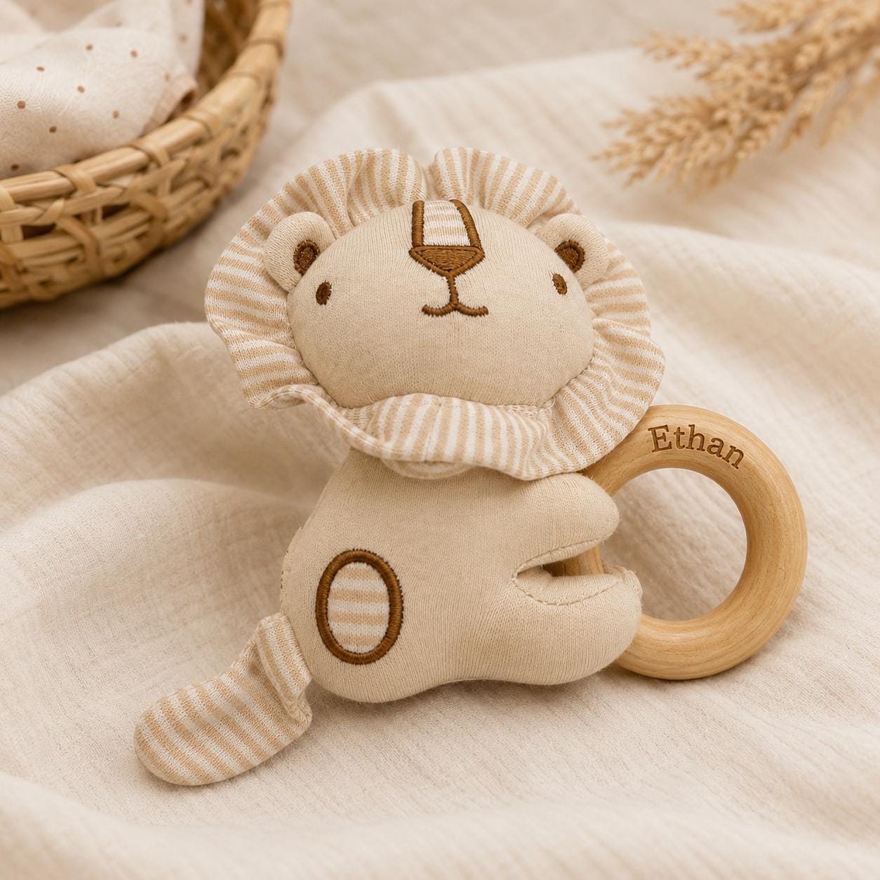 Personalized Baby Animal Rattle, Soft Plush Baby Rattle with Engraved Wooden Ring, Newborn Baby Shower Gift, Neutral Nursery Toy