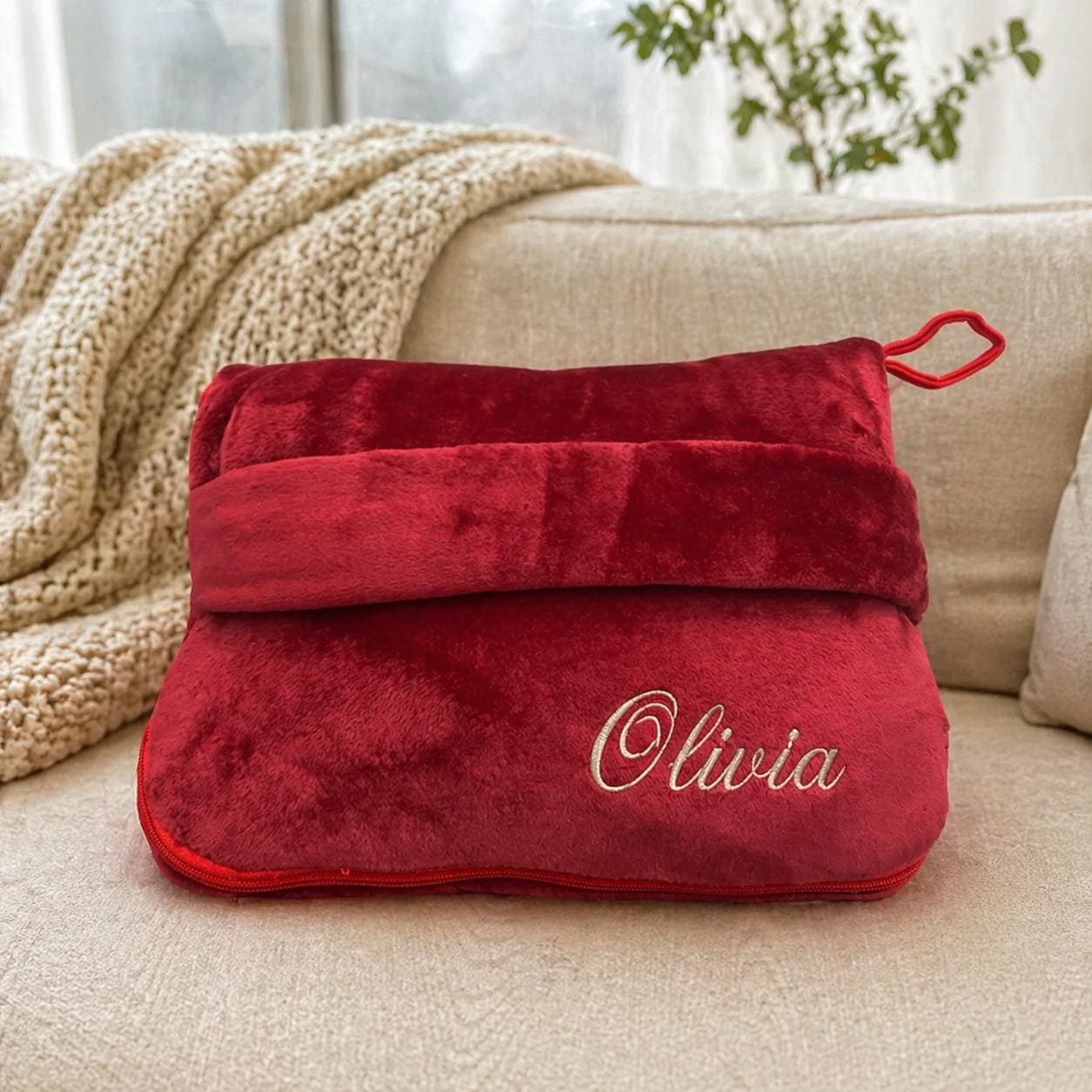 Personalized Plush Travel Blanket with Pouch, Embroidered Name Cozy Throw