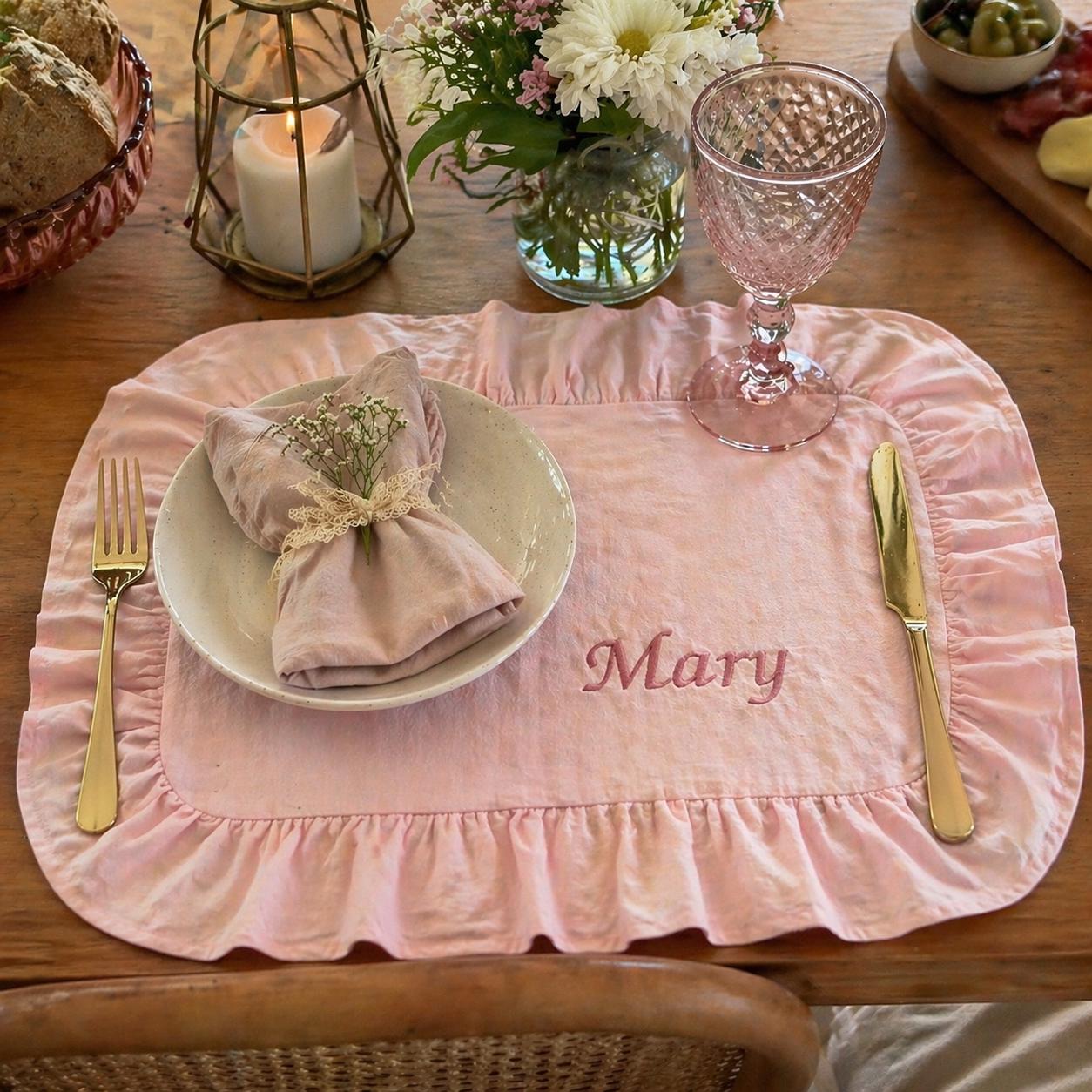 Personalized Linen Placemat, Custom Embroidered Ruffle Placemat, Romantic Table Setting, Wedding Gift, Bridesmaid Gift