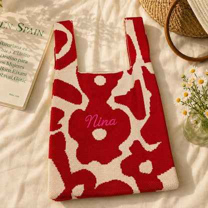 Bestickte Blumen-Stricktasche • Personalisierter Name