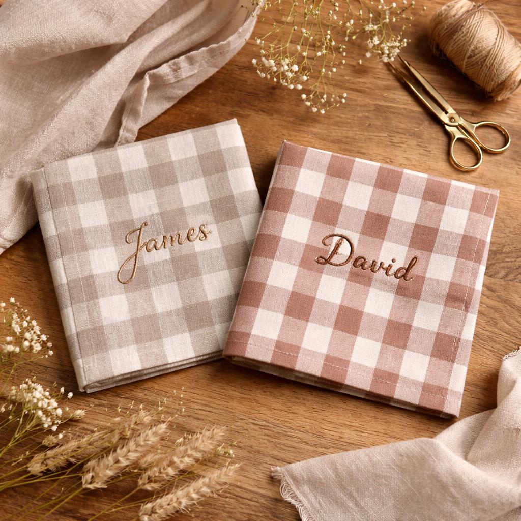 Personalisiertes Leinen-Taschentuch, maßgeschneiderter bestickter Name, kariertes Einstecktuch, Hochzeitsgeschenk