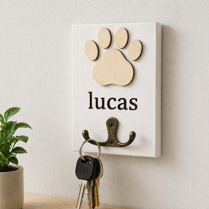 Personalized Paw Print Wooden Wall Hook – Custom Name Key Holder, Rustic Entryway Decor