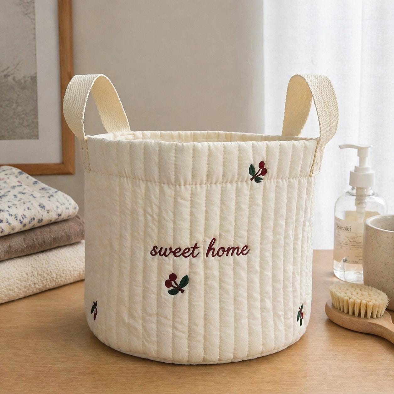 Personalized Quilted Cotton Storage Basket, Custom Name Embroidery Toy Bin, Nursery Decor