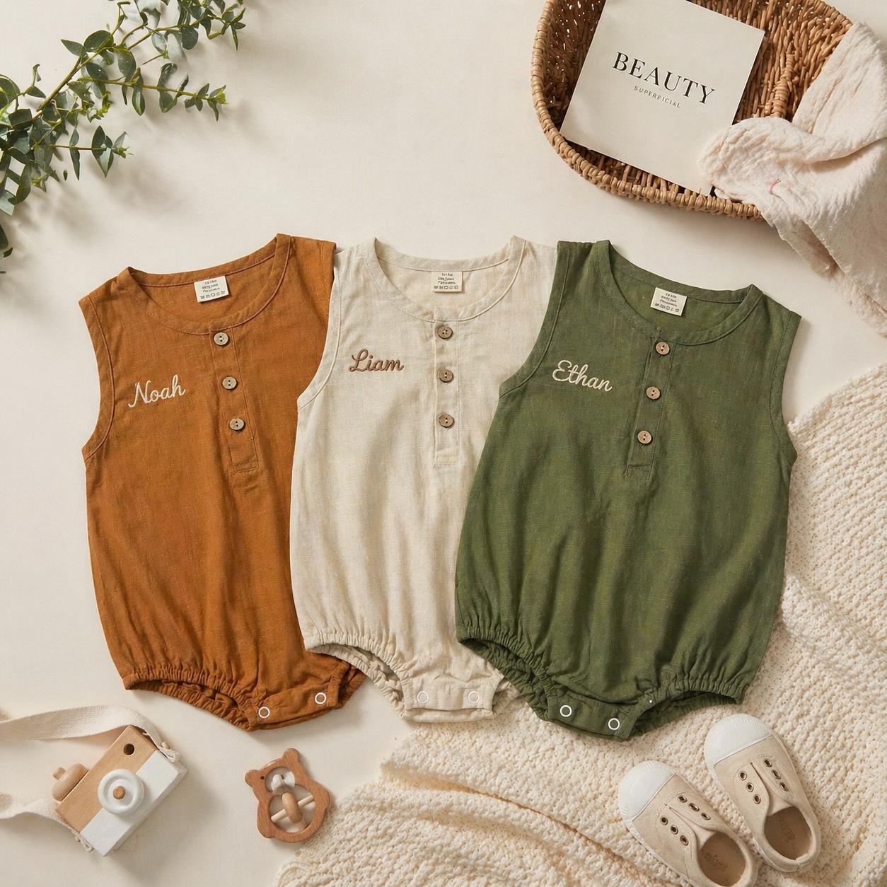 Personalized Baby Romper, Custom Name Embroidery Linen Cotton Romper, Baby Shower Gift, Summer Baby Outfit, Neutral Baby Clothes