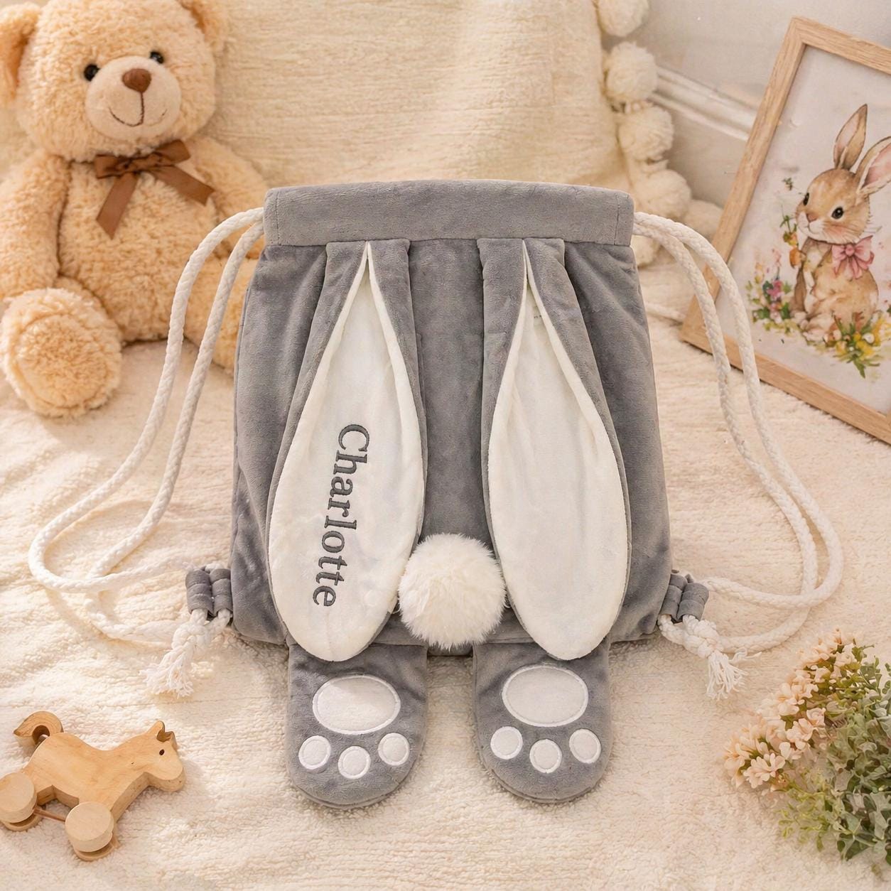 Personalized Bunny Backpack | Custom Name Rabbit Ears Drawstring Bag