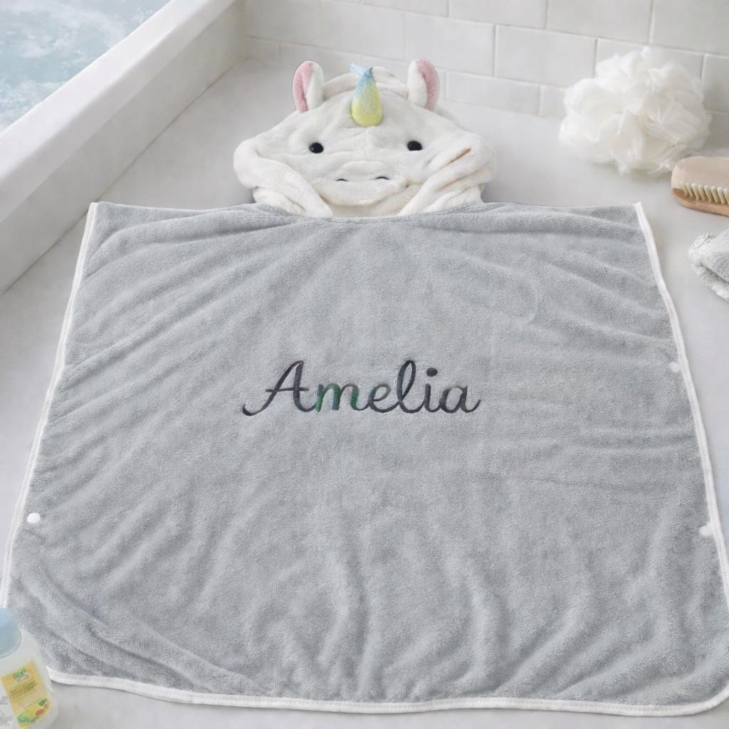 Personalized Unicorn Hooded Baby Towel, Embroidered Name