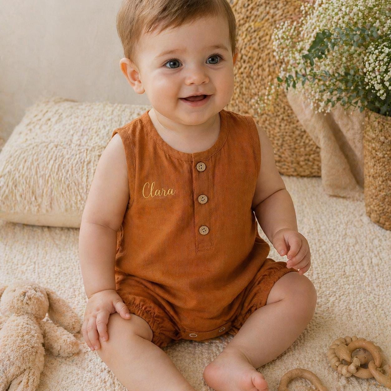 Personalized Baby Romper, Custom Name Embroidery Linen Cotton Romper, Baby Shower Gift, Summer Baby Outfit, Neutral Baby Clothes