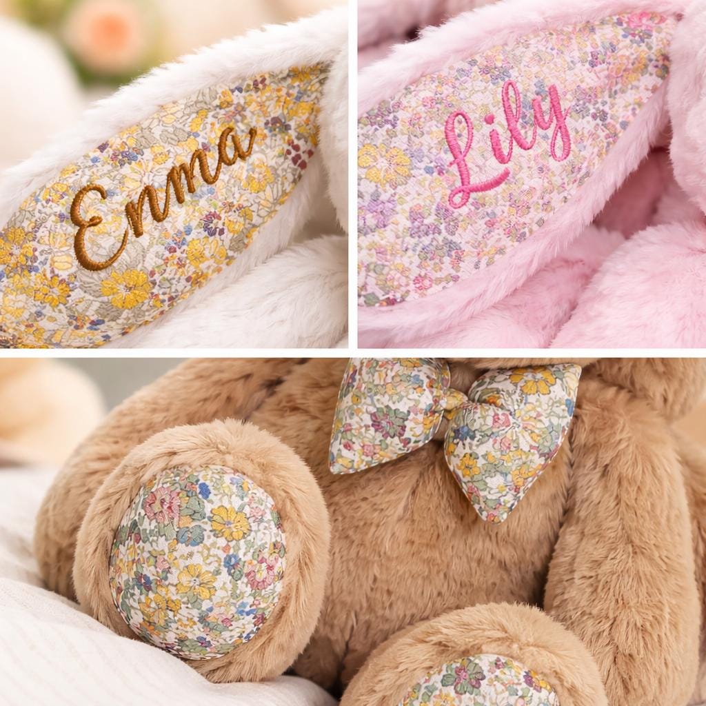 Personalized Bunny Plush Toy, Custom Embroidered Easter Bunny, Floral Rabbit Stuffed Animal, Baby Shower Gift, Newborn Keepsake