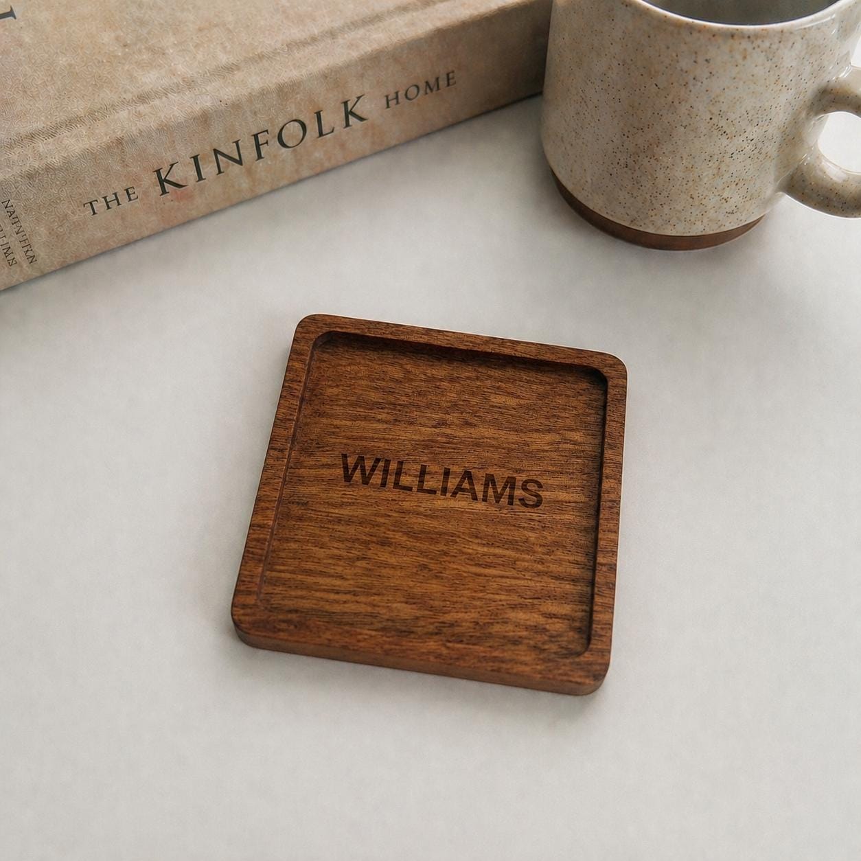 Personalized Wooden Coaster, Custom Name Engraved Square Drink Coaster – Minimalist Home Decor