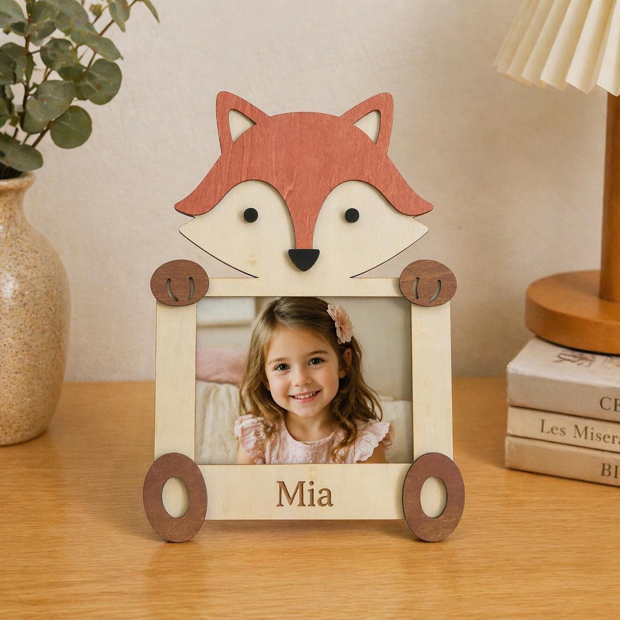 Personalized Wooden Animal Photo Frame, Nursery Decor, Custom Engraved Name Keepsake