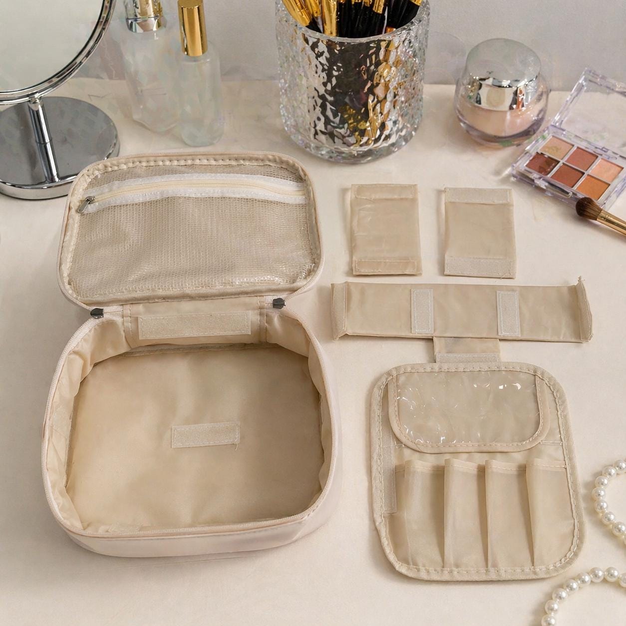 Personalized Leather Makeup Bag, Custom Name Toiletry Organizer, Travel Cosmetic Case