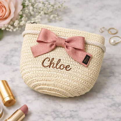 Personalized Straw Makeup Bag, Custom Embroidered Name Cosmetic Pouch, Bridesmaid Gift, Crochet Clutch Purse, Gift for Her