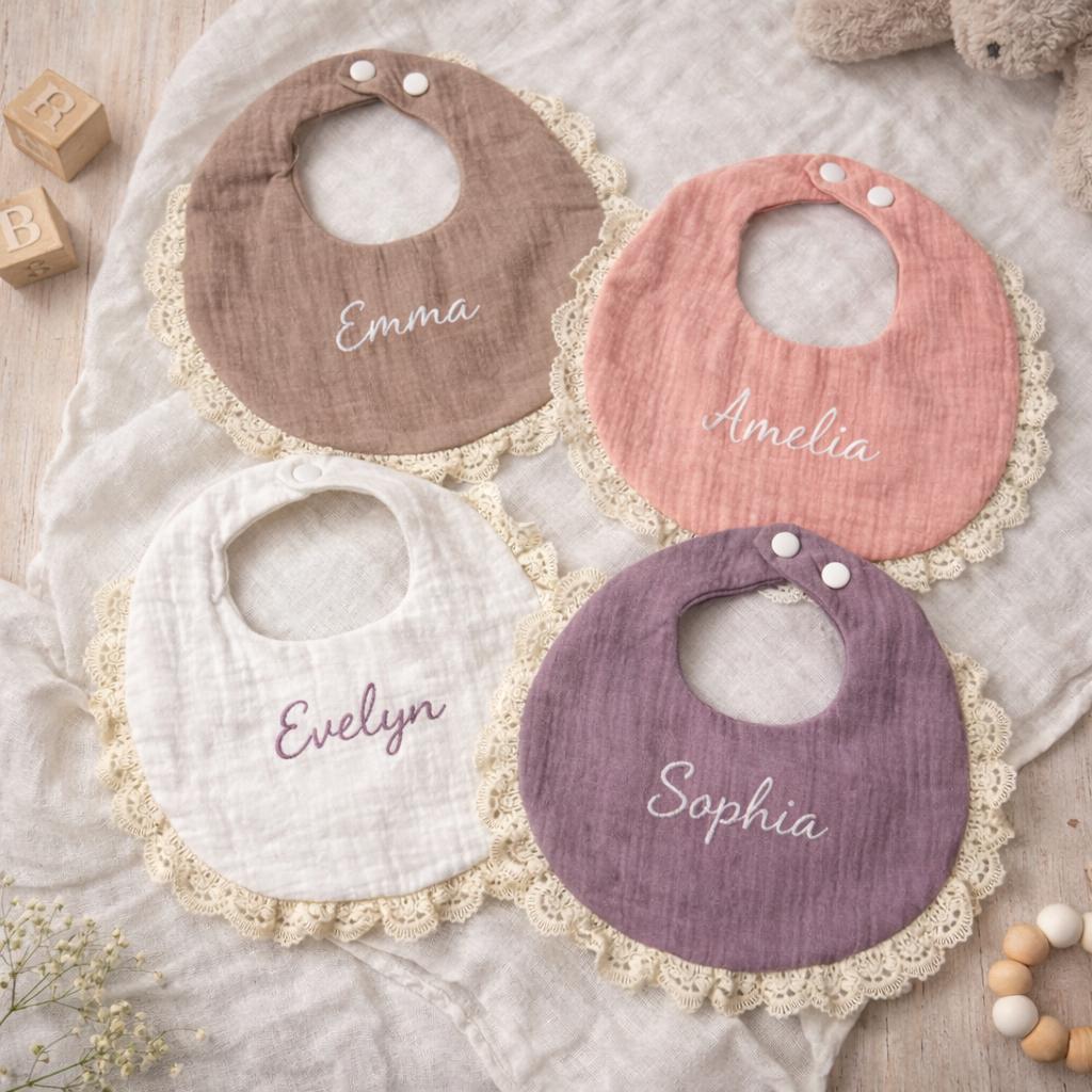 Personalized Lace Baby Bib, Custom Embroidered Name Bib, Cotton Gauze Drool Bib, Newborn Gift, Baby Shower Gift