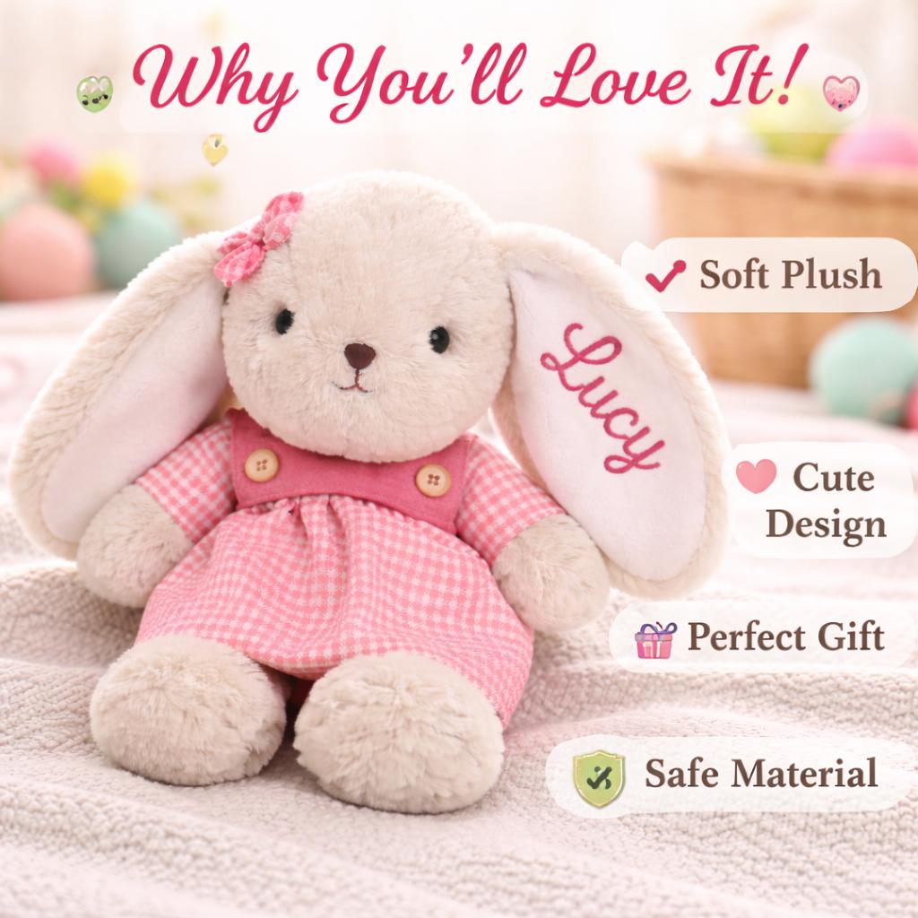 Personalized Bunny Plush Toy, Custom Embroidered Name, Soft Rabbit, Baby Gift, Nursery Decor
