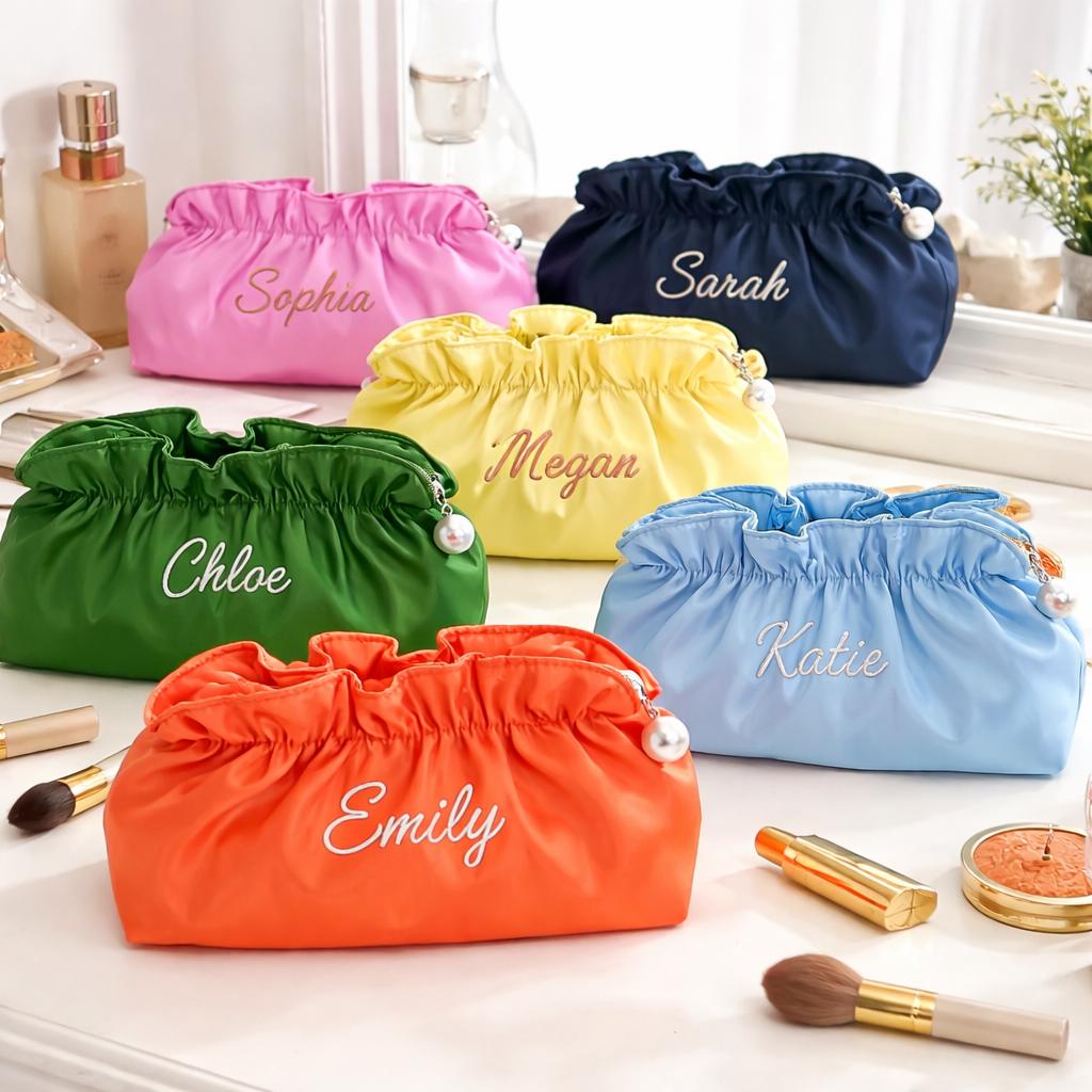 Personalized Satin Cosmetic Bag, Custom Name Makeup Pouch, Bridesmaid Travel Toiletry Bag