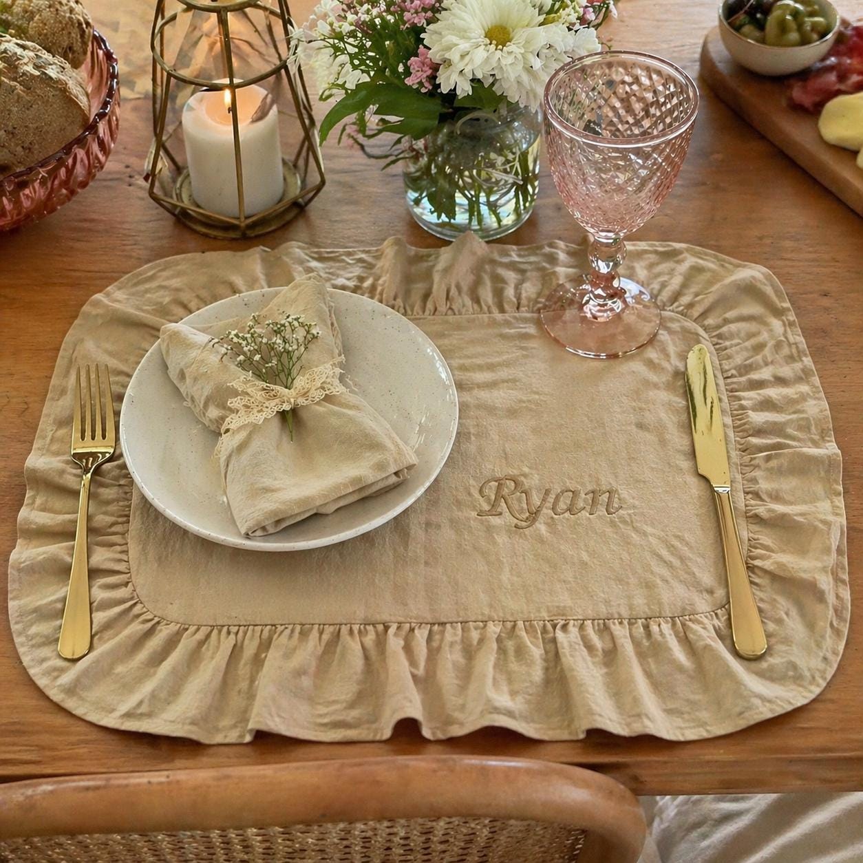 Personalized Linen Placemat, Custom Embroidered Ruffle Placemat, Romantic Table Setting, Wedding Gift, Bridesmaid Gift