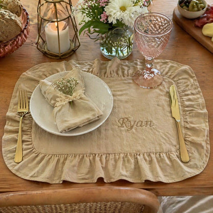 Personalized Linen Placemat, Custom Embroidered Ruffle Placemat, Romantic Table Setting, Wedding Gift, Bridesmaid Gift