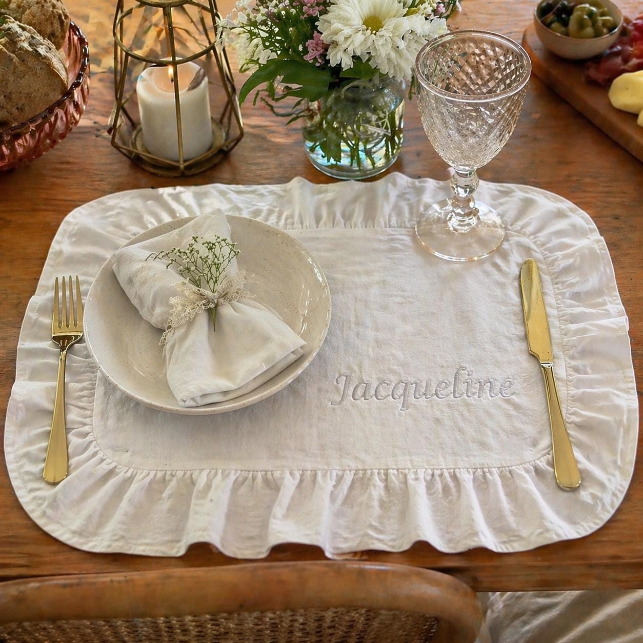 Personalized Linen Placemat, Custom Embroidered Ruffle Placemat, Romantic Table Setting, Wedding Gift, Bridesmaid Gift