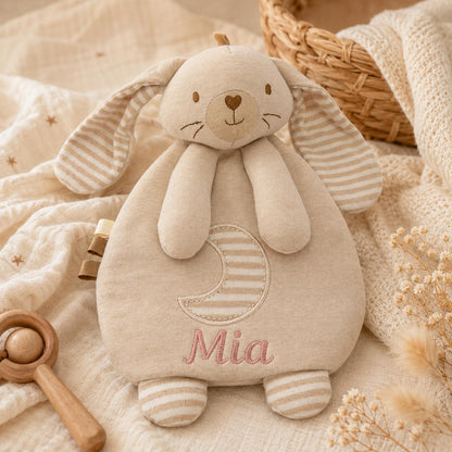 Personalized Baby Lovey Blanket, Organic Cotton Security Blanket with Crinkle Sound, Bunny Bear Elephant Comforter, Newborn Baby Shower Gift