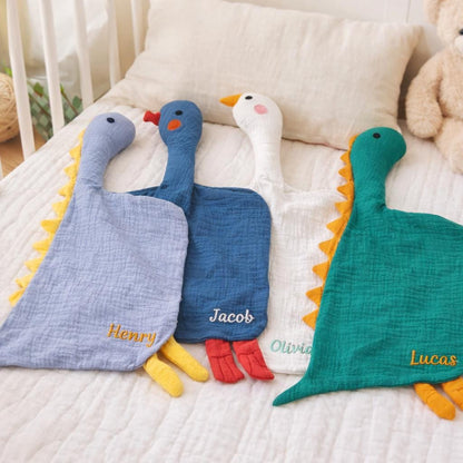Personalized Dinosaur Muslin Lovey, Soft Cotton Security Blanket, Newborn Gift