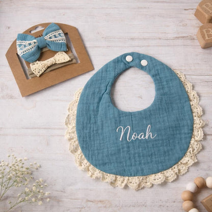 Personalized Lace Baby Bib, Custom Embroidered Name Bib, Cotton Gauze Drool Bib, Newborn Gift, Baby Shower Gift