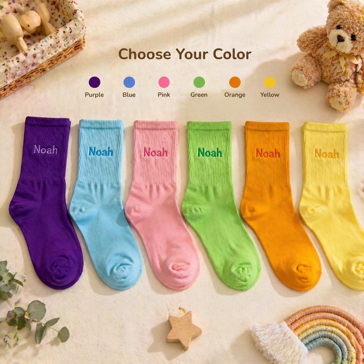 Personalized Embroidered Cotton Crew Socks for Children, Custom Name Toddler Gift