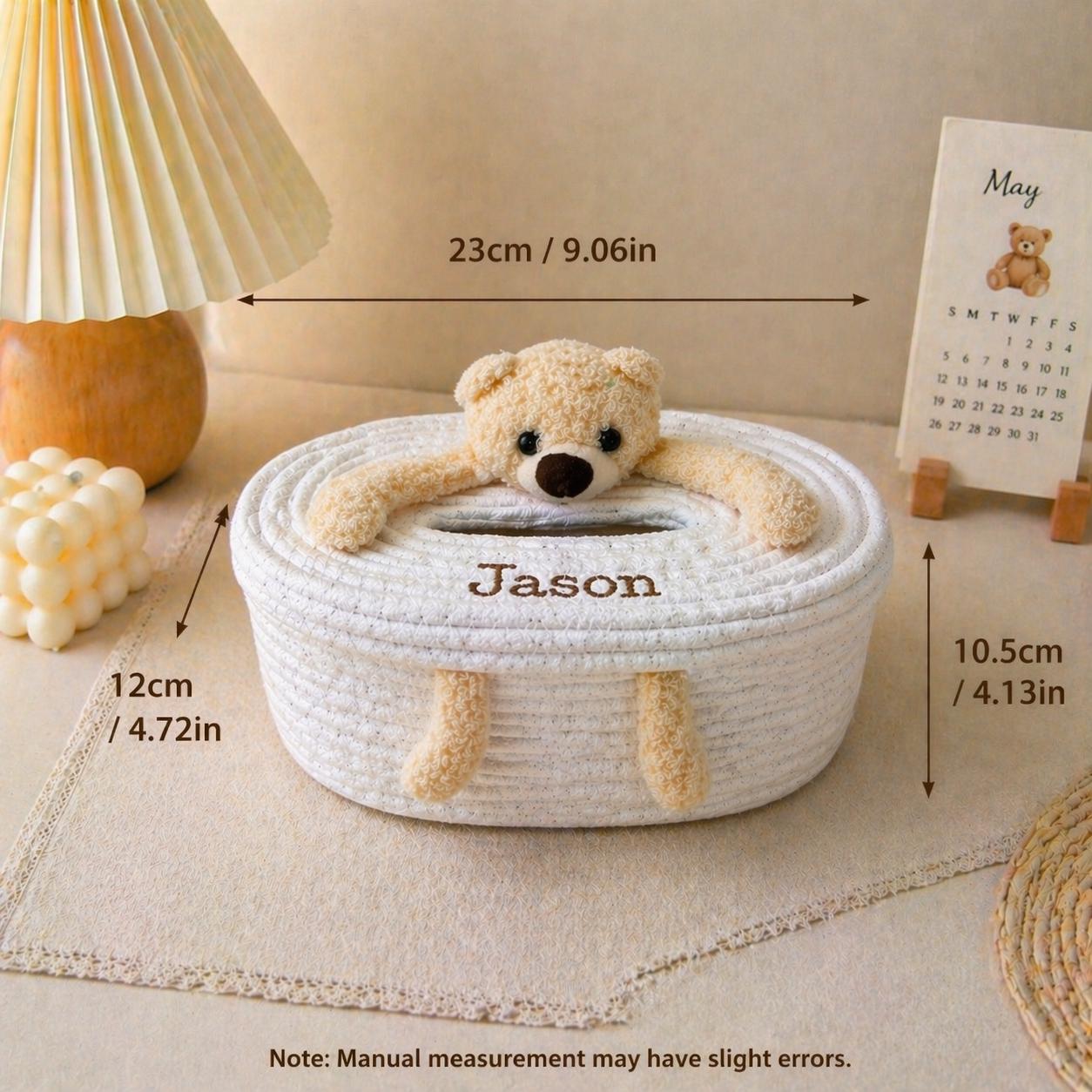 Personalized Plush Bear Bunny Tissue Box Cover, Embroidered Name Basket, Nursery Decor